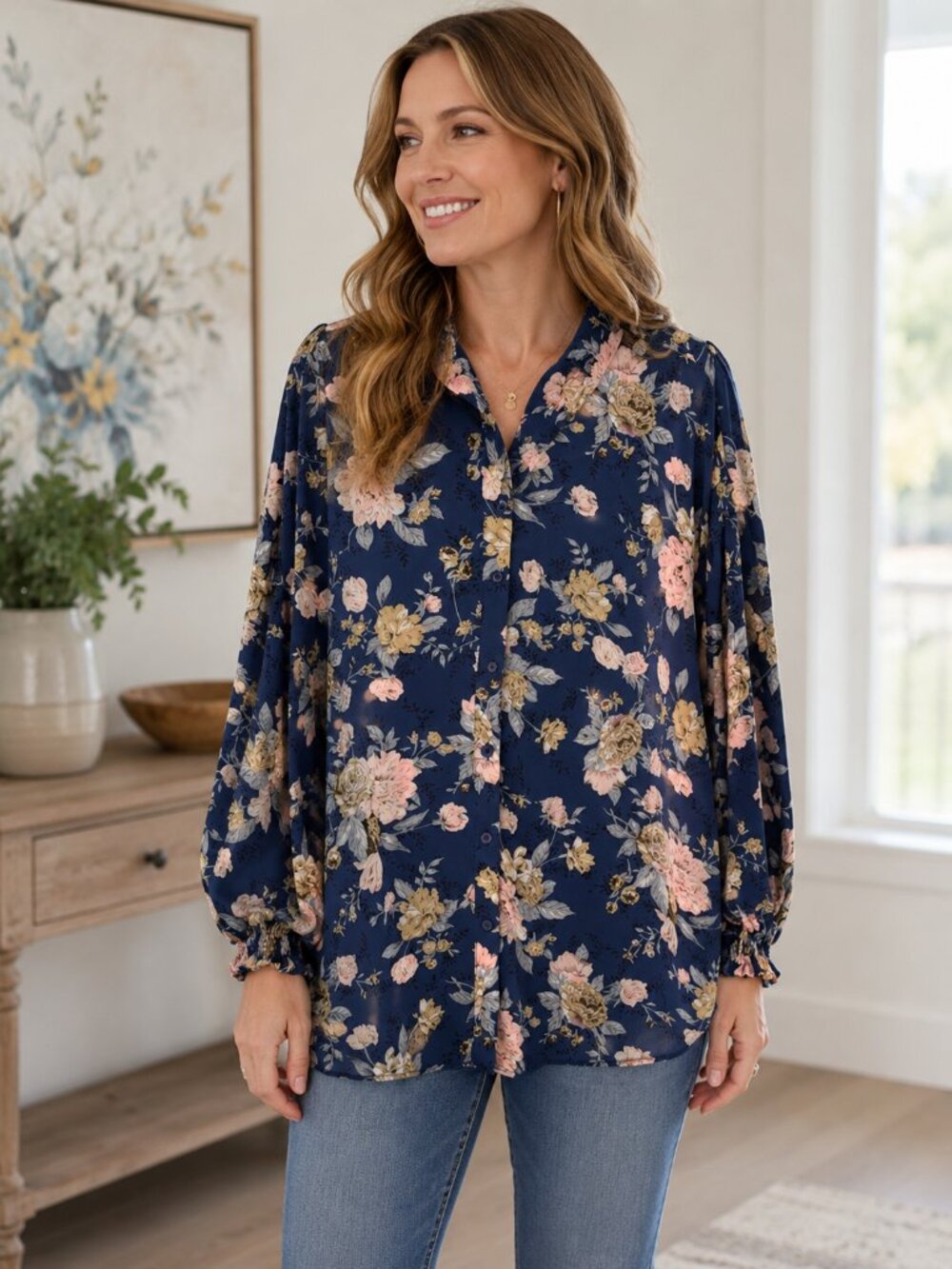 Hayden Los Angeles Navy Floral Button Front Blouse L Long Bishop Sleeve Boho